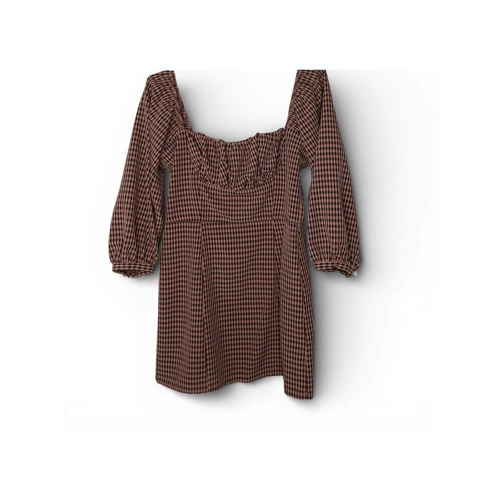 Capulet Brown Black Gingham Puff Sleeve Square Neck Puff Sleeve Dress Size M - Picture 2 of 14